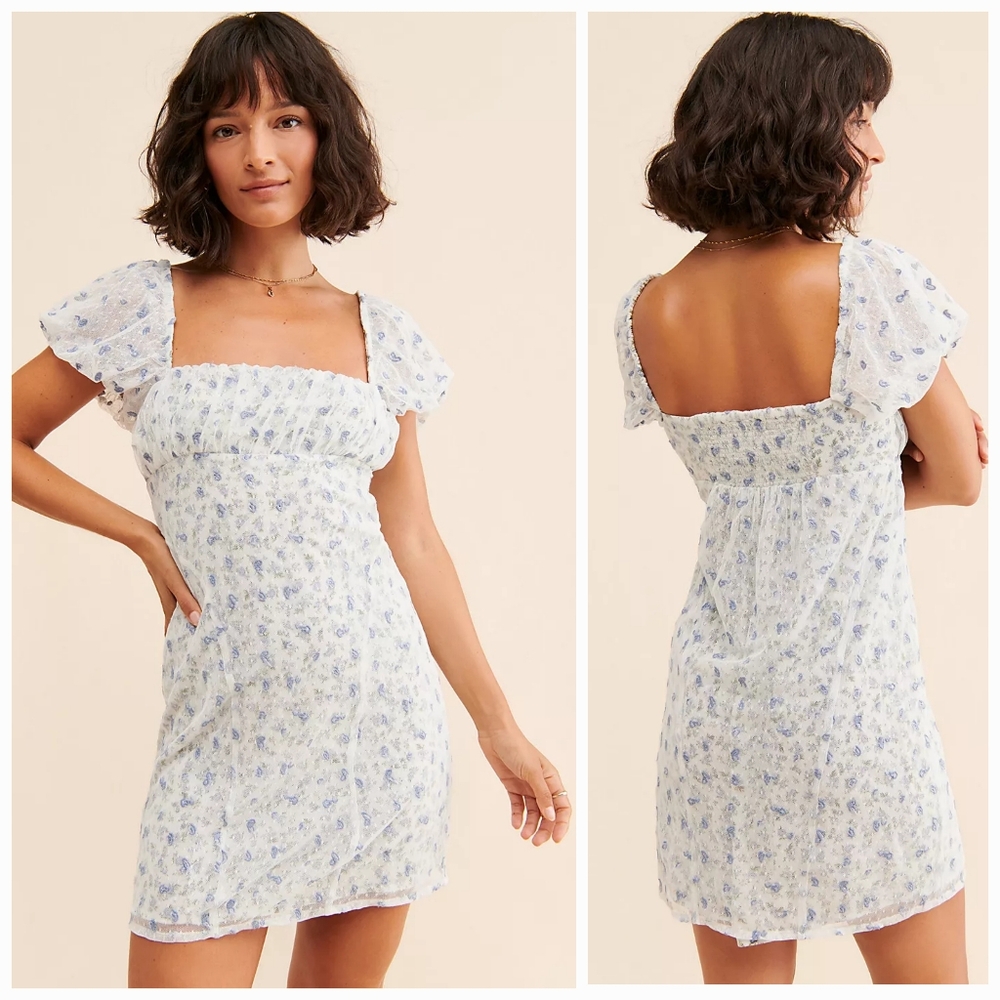 Free People Women's Sugar And Spice Milkmaid Mini Blue Floral Dress. Size L